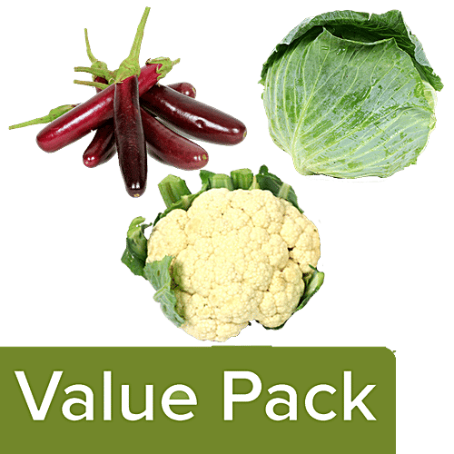 Fresho Brinjal Bottle Shape 500 g + Cauliflower 1 pc + Cabbage 1 pc, Combo 3 Items