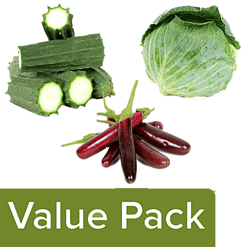 Fresho Brinjal Purple, Long 500 g + Ridge Gourd 500 g + Cabbage 1 pc, Combo 3 Items